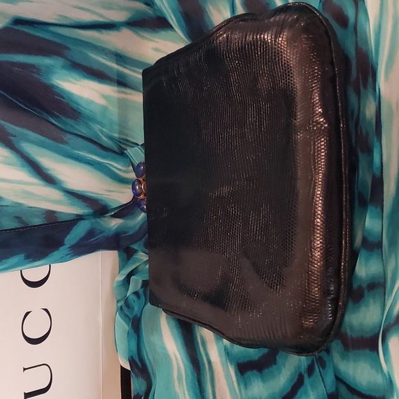 Gucci Vintage Rare Black Lizzard LAPIS STONE Beads Shoulder Clutch Bag GORGEOUS! - Picture 6 of 15